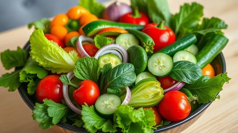 photorealistic, professional photography, 8K, cinematic lighting, sharp focus, depth of field, shot on a high-end DSLR, a vibrant, overflowing bowl of mixed fresh vegetables like crisp romaine lettuce, colorful bell peppers, cherry tomatoes, cucumbers, red onions, and spinach, glistening with dewdrops, placed on a light wooden table, evoking freshness and abundance.