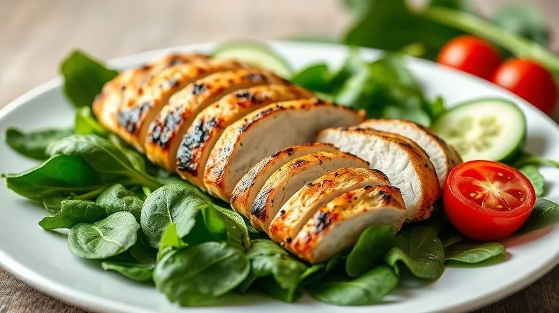 photorealistic, professional photography, 8K, cinematic lighting, sharp focus, depth of field, shot on a high-end DSLR, a perfectly grilled chicken breast, sliced and arranged on a bed of fresh spinach and mixed greens, with cherry tomatoes and cucumber, on a pristine white plate, with soft, natural lighting, highlighting healthy and lean protein.