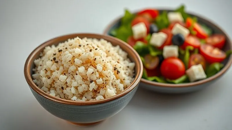 photorealistic, professional photography, 8K, cinematic lighting, sharp focus, depth of field, shot on a high-end DSLR, a small, elegant bowl of fluffy cooked quinoa, perfectly textured, next to a vibrant Greek salad, suggesting a healthy and complete meal, on a clean, minimalist background.
