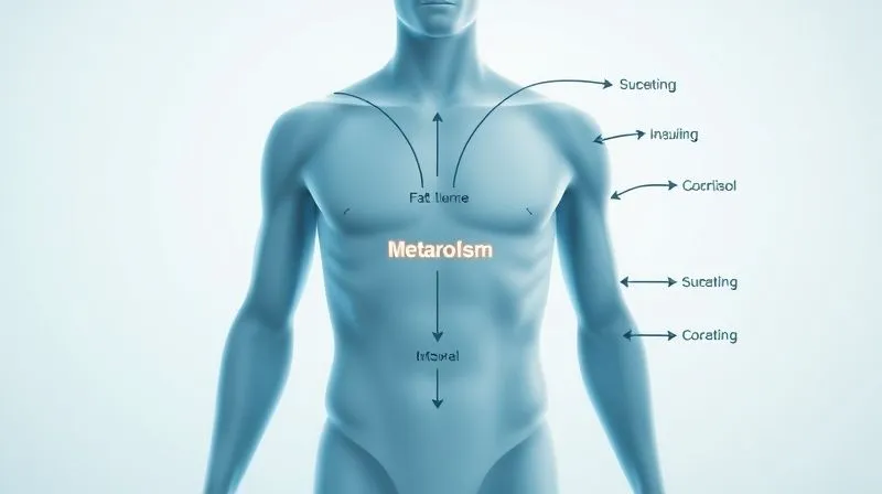 Photorealistic, professional photography, 8K, cinematic lighting, sharp focus on a stylized diagram representing the human metabolism, with arrows indicating pathways for fat burning and storage. Key hormones like insulin and cortisol are subtly highlighted. The background is clean and scientific, with a sense of depth. Shot on a high-end DSLR, conveying complex biological processes in an accessible way.
