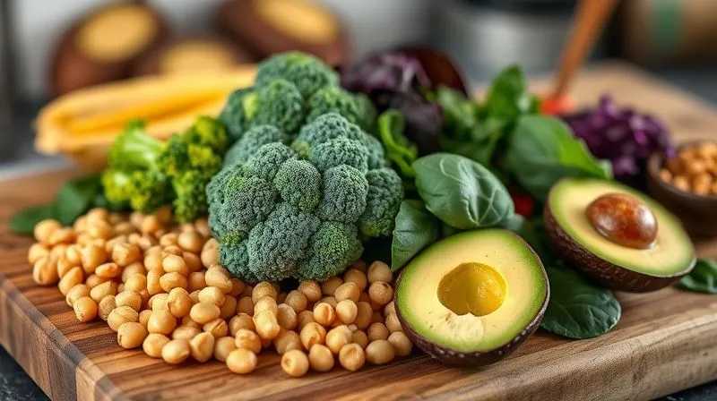 Photorealistic, professional photography, 8K, cinematic lighting, sharp focus on a vibrant, colorful assortment of fiber-rich vegetables and legumes, such as broccoli florets, spinach leaves, chickpeas, and sliced avocado, artfully arranged on a rustic wooden board. The background is softly blurred, hinting at a healthy kitchen. Depth of field, shot on a high-end DSLR, emphasizing freshness and natural goodness.