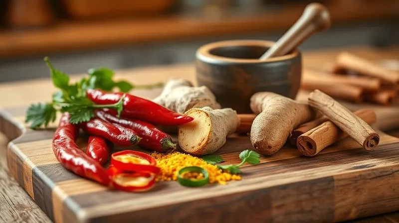 Photorealistic, professional photography, 8K, cinematic lighting, sharp focus on a wooden cutting board with a variety of fresh thermogenic spices: red chili peppers, ginger root (sliced), turmeric root, and cinnamon sticks. A small mortar and pestle are nearby, suggesting their preparation. The background is softly blurred, evoking a warm and inviting kitchen. Depth of field, shot on a high-end DSLR, highlighting the vibrant colors and textures of the spices.