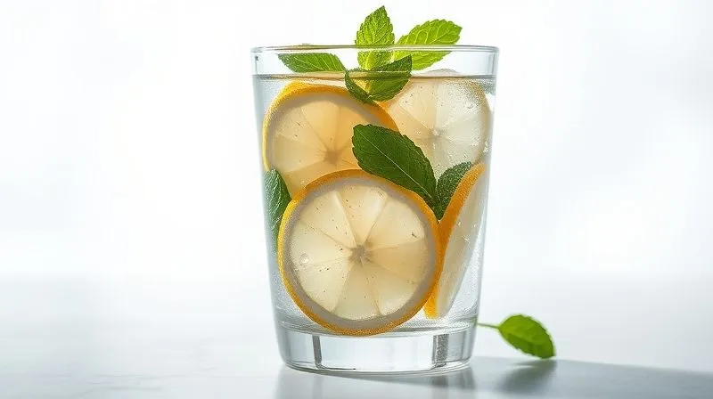 Photorealistic, professional photography, 8K, cinematic lighting, sharp focus on a clear glass of water with fresh lemon slices and mint leaves, glistening with condensation. It sits on a clean, minimalist surface, with a blurred background suggesting a bright, healthy environment. Depth of field, shot on a high-end DSLR, conveying refreshment and vitality.