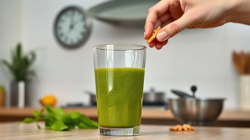 Photorealistic, professional photography, 8K, cinematic lighting, sharp focus, depth of field. A clear glass tumbler filled with a very thin, watery green smoothie, looking insubstantial. The background shows a clock indicating a short time after breakfast, and a person's hand reaching for a snack, symbolizing quick hunger return. Minimalist kitchen setting, bright, slightly desaturated colors.