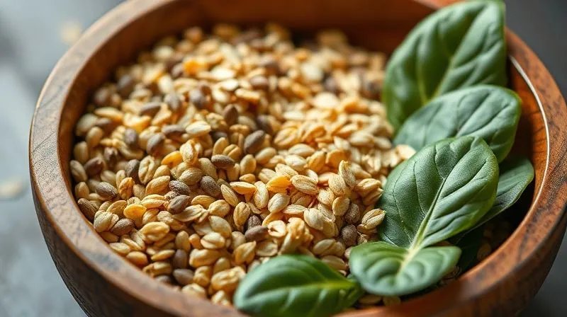 Photorealistic, professional photography, 8K, cinematic lighting, sharp focus, depth of field. A close-up shot of a wooden bowl filled with a variety of fiber-rich ingredients: plump chia seeds, golden flax seeds, rolled oats, and fresh, vibrant spinach leaves. The ingredients are artfully arranged, highlighted by natural, soft light, emphasizing their organic and wholesome nature. The focus is sharp on the textures and details of the seeds and leaves.