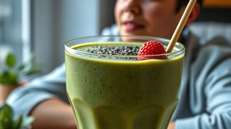 Photorealistic, professional photography, 8K, cinematic lighting, sharp focus, depth of field. A thick, creamy green smoothie in a wide glass, adorned with a few fresh berries and a sprinkle of chia seeds on top. The smoothie's texture is visibly rich and substantial. In the background, a person is enjoying a leisurely morning, looking calm and satisfied. Soft, diffused lighting highlights the appealing texture of the drink.