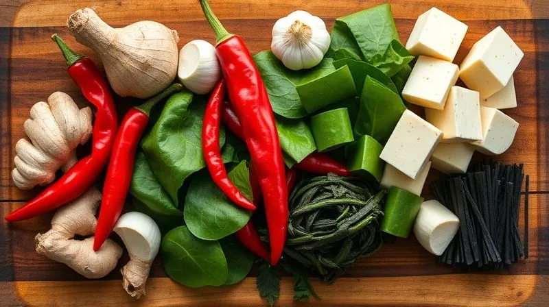 Photorealistic image of a vibrant array of fresh, metabolism-boosting ingredients for miso soup: ginger root, red chili peppers, garlic cloves, green leafy vegetables like spinach or bok choy, firm tofu cubes, and dried wakame, all artfully arranged on a rustic wooden board, with cinematic lighting and sharp focus.