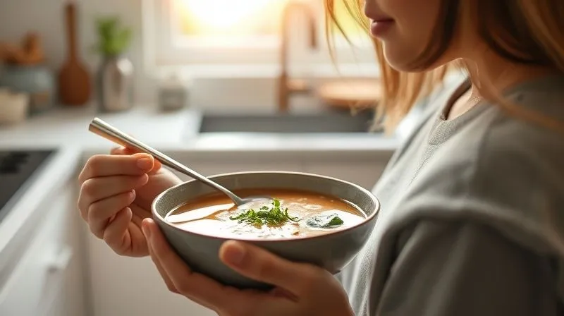 Photorealistic image of a person enjoying a bowl of healthy miso soup in a bright, minimalist kitchen, with a sense of calm and mindful eating. The light is soft and natural, emphasizing wellness and healthy lifestyle. Professional photography, 8K, sharp focus, depth of field.