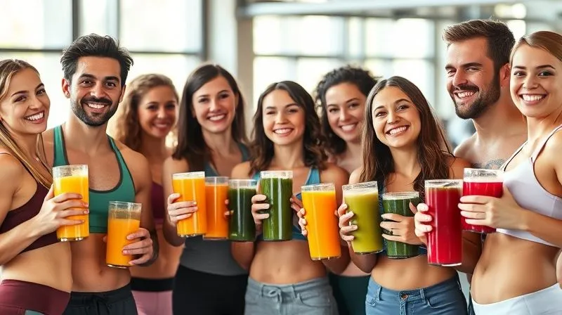 A photorealistic image of a diverse group of fit individuals, each holding a different fresh juice, smiling and interacting in a modern, sunlit gym or health bar. Cinematic lighting, sharp focus on their happy faces, depth of field blurring the background. 8K hyper-detailed, professional photography, shot on a high-end DSLR. This image should evoke community and healthy lifestyle.