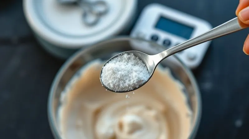 A close-up, photorealistic shot of a tiny spoon measuring a small amount of white powder (sweetener) over a bowl of creamy protein mixture, with a digital scale in the background, emphasizing precision and careful measurement. Cinematic lighting, sharp focus on the spoon, depth of field blurring the background, 8K, professional photography.