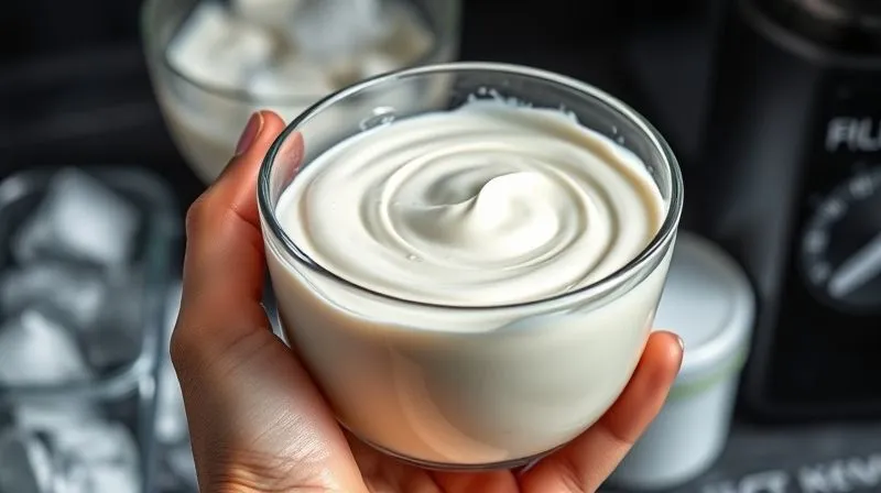 A photorealistic close-up of a hand holding a glass bowl of chilled, perfectly smooth protein cream, with condensation on the glass. In the background, ingredients like ice cubes and a blender are slightly out of focus. Emphasizes the importance of temperature and texture. Cinematic lighting, sharp focus on the cream, depth of field, 8K, professional photography.