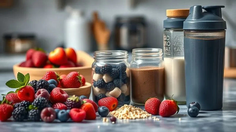 A photorealistic, professional photography shot of a kitchen counter with various ingredients for protein cream: fresh berries, a jar of nut butter, cocoa powder, and a shaker bottle. The scene suggests experimentation and diverse flavor combinations. Cinematic lighting, sharp focus, depth of field, 8K, shot on a high-end DSLR.