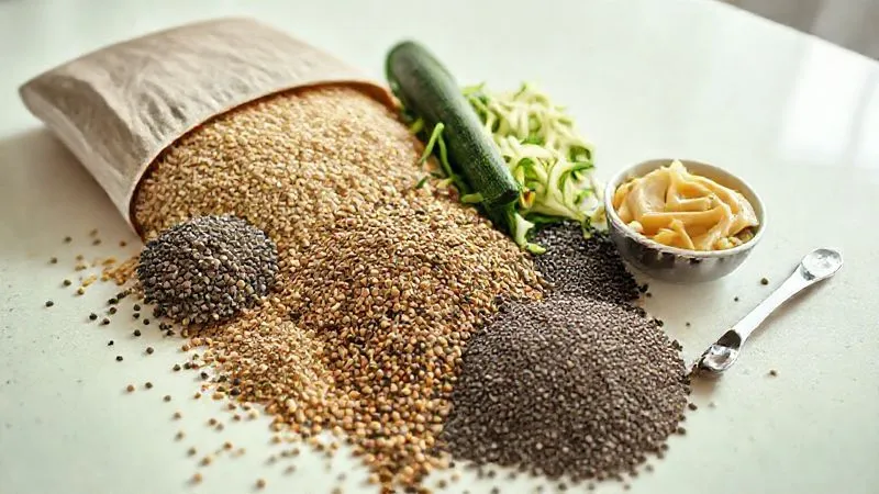 photorealistic, professional photography, 8K, cinematic lighting, sharp focus, depth of field, shot on a high-end DSLR, a variety of healthy, low-calorie ingredients for millet bread laid out on a clean, light-colored kitchen counter: whole millet grains, flax seeds, chia seeds, shredded zucchini, a small bowl of unsweetened applesauce, and a measuring spoon, all bathed in soft, natural light, emphasizing freshness and healthy choices.