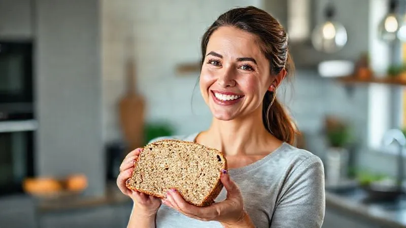 photorealistic, professional photography, 8K, cinematic lighting, sharp focus, depth of field, shot on a high-end DSLR, a woman smiling confidently while holding a slice of healthy millet bread, with a blurred background of a modern, clean kitchen, symbolizing success in healthy eating and weight loss, positive and inspiring atmosphere.