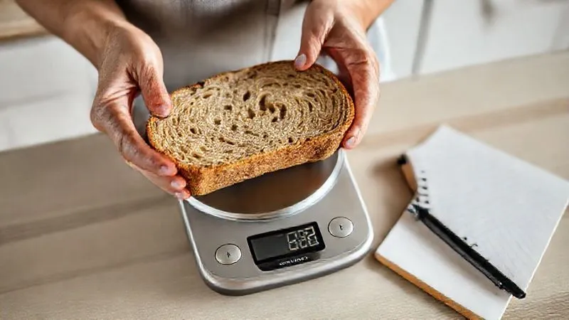 photorealistic, professional photography, 8K, cinematic lighting, sharp focus, depth of field, shot on a high-end DSLR, a person's hands carefully weighing a slice of homemade millet bread on a digital kitchen scale, with a notebook and pen nearby for calorie tracking, in a well-lit, minimalist kitchen setting, emphasizing precision and mindful eating for weight loss.