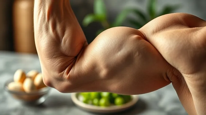 photorealistic, professional photography, 8K, cinematic lighting, sharp focus, depth of field, shot on a high-end DSLR. A close-up of a muscular arm flexing slightly, with a blurred background of a healthy, protein-rich dessert. The image conveys strength, health, and smart nutrition.