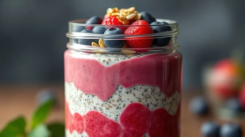 photorealistic, professional photography, 8K, cinematic lighting, sharp focus, depth of field, shot on a high-end DSLR. A vibrant, layered protein dessert in a glass jar, showing distinct layers of berry mousse, chia pudding, and a sprinkle of nuts and seeds on top. The background is blurred, focusing solely on the delicious and healthy dessert. The image evokes freshness and natural ingredients.