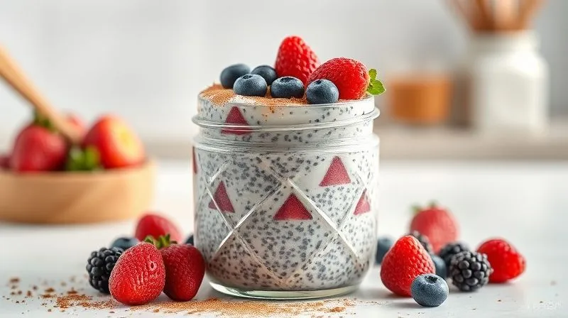 photorealistic, professional photography, 8K, cinematic lighting, sharp focus, depth of field, shot on a high-end DSLR. A beautifully presented protein chia pudding in a clear glass jar, topped with fresh berries and a sprinkle of cocoa powder. The texture of the pudding is smooth and inviting, with soft, natural light enhancing its appeal. The background is a clean, minimalist kitchen setting.