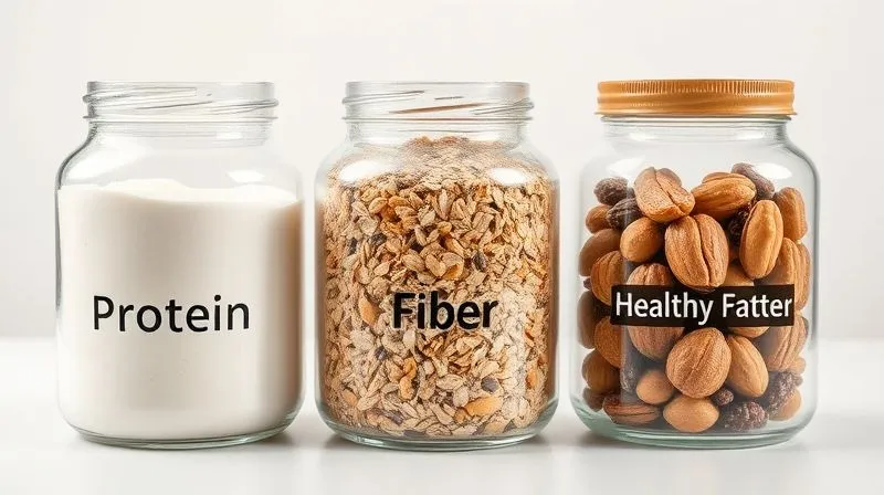 A photorealistic, professional photography shot of three clear glass jars, each containing a different macro-nutrient: one filled with white protein powder (whey isolate), another with various colorful fibrous grains and seeds (oats, chia, flax), and the third with a mix of healthy nuts and nut butter. Each jar is labeled with its macro-nutrient name (Protein, Fiber, Healthy Fats). The jars are arranged on a minimalist white surface with soft, cinematic lighting, sharp focus, depth of field. 8K hyper-detailed, shot on a high-end DSLR, emphasizing the fundamental building blocks of satiety.