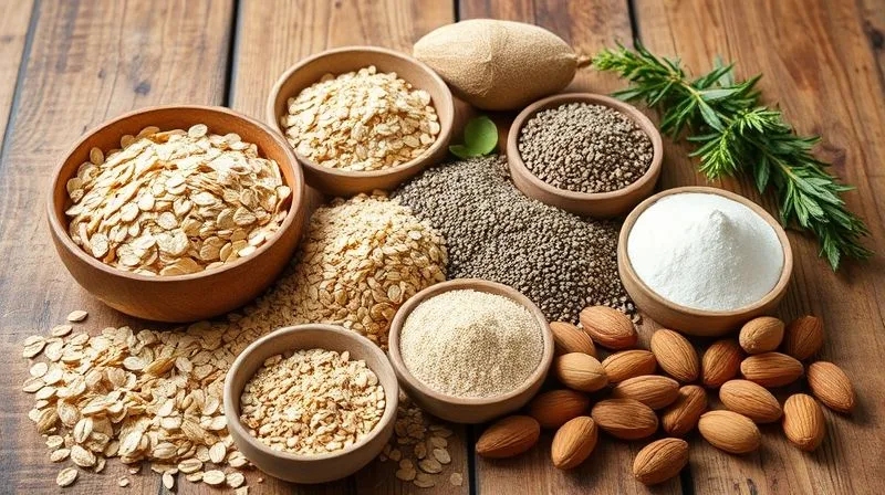 A vibrant, photorealistic still life arrangement of various high-fiber ingredients on a rustic wooden table. Prominently featured are a bowl of rolled oats, a small pile of chia seeds, ground flax seeds, psyllium husk powder in a small dish, and a handful of whole almonds and walnuts. The scene is bathed in warm, natural light, with sharp focus on the textures of the ingredients and a soft depth of field. 8K hyper-detailed, professional photography, shot on a high-end DSLR, conveying natural goodness and essential nutrition.