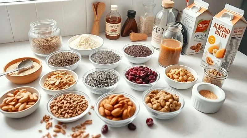 A beautifully arranged, professional photography shot of various ingredients for homemade protein bars spread out on a clean, light-colored kitchen counter. Ingredients include different types of protein powders in scoops, small bowls of chia seeds, flax seeds, chopped nuts, dried cranberries (sparingly), a jar of natural peanut butter, a bottle of maple syrup, and a carton of almond milk. The scene is bathed in bright, natural light, with sharp focus on the ingredients and a subtle depth of field. 8K hyper-detailed, shot on a high-end DSLR, conveying a sense of fresh, wholesome preparation.