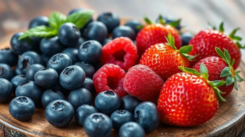 A vibrant, photorealistic collection of fresh berries – blueberries, raspberries, and strawberries – artfully arranged on a rustic wooden board, with a sprinkle of water droplets, showcasing their natural beauty and freshness. Professional photography, 8K, cinematic lighting, sharp focus on the berries, depth of field subtly blurring the background, shot on a high-end DSLR.