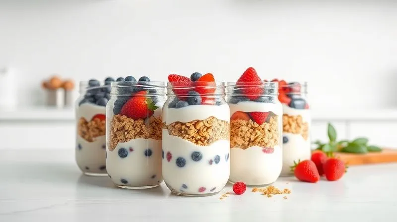 A professional photography shot of five glass jars filled with layered yogurt, fresh berries, and granola, neatly arranged on a minimalist white kitchen counter, ready for meal prep. The scene is bright and clean, with soft, even lighting, conveying a sense of organization and healthy living. Sharp focus on the jars, 8K, subtle depth of field, shot on a high-end DSLR.