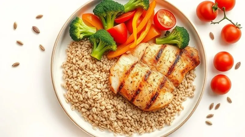 A meticulously arranged flat lay of a balanced meal plate featuring a portion of buckwheat groats, grilled chicken breast, a colorful medley of steamed broccoli, bell peppers, and cherry tomatoes, and a sprinkle of pumpkin seeds. The plate is on a clean white background with soft, natural light, emphasizing freshness and health. Photorealistic, professional photography, 8K, cinematic lighting, sharp focus, depth of field, shot on a high-end DSLR.