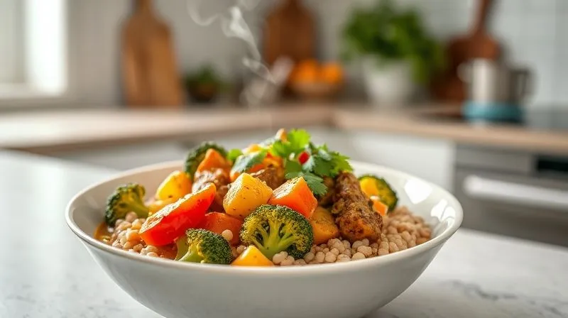 A beautifully plated, vibrant bowl of a vegetarian curry with buckwheat groats, showcasing colorful vegetables like broccoli, bell peppers, and carrots, with a creamy, aromatic sauce. Steam is subtly rising, and fresh cilantro garnishes the dish. The background is a clean, minimalist kitchen setting. Photorealistic, professional photography, 8K, cinematic lighting, sharp focus, depth of field, shot on a high-end DSLR.
