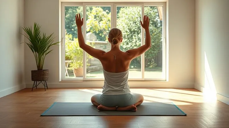 A serene, professional photography shot of a person practicing gentle yoga poses on a mat in a sunlit, minimalist room, with a window overlooking a peaceful garden. The focus is on tranquility and well-being, suggesting stress reduction and a holistic approach to health. Photorealistic, professional photography, 8K, cinematic lighting, sharp focus, depth of field, shot on a high-end DSLR.