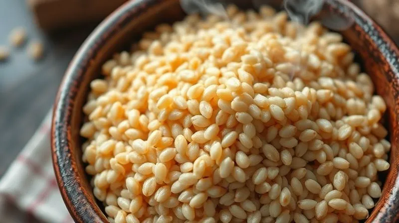 A close-up, top-down photorealistic shot of perfectly cooked, fluffy buckwheat groats in a rustic ceramic bowl, with steam gently rising, cinematic lighting, sharp focus on the texture, depth of field blurring the background, 8K hyper-detailed, professional food photography.
