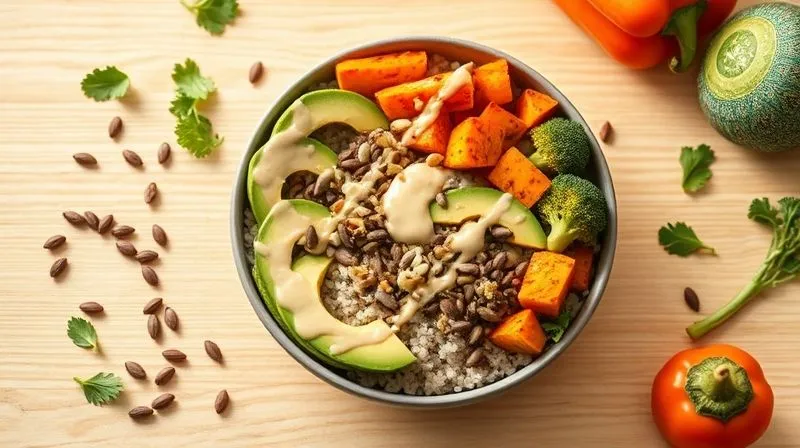 A vibrant, colorful photorealistic flat lay of a vegan buckwheat bowl, featuring roasted vegetables (like sweet potato, broccoli, bell peppers), fresh avocado slices, a generous sprinkle of seeds (pumpkin, sunflower), and a creamy tahini dressing drizzled over, all arranged artfully on a light wooden table, natural daylight, professional food photography, 8K, sharp focus, depth of field.