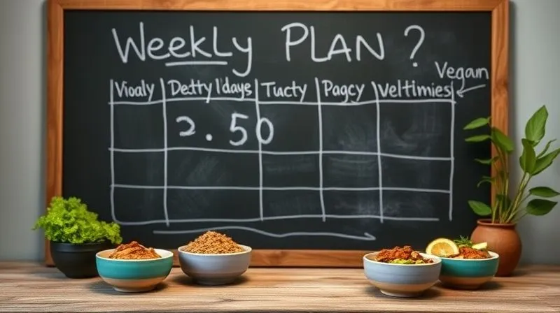A highly detailed, photorealistic image of a nutritionist's weekly meal plan written on a chalk board, with small colorful bowls of vegan buckwheat meals representing different days arranged around it, cinematic lighting, sharp focus on the chalk board and the meals, depth of field, 8K, professional photography.