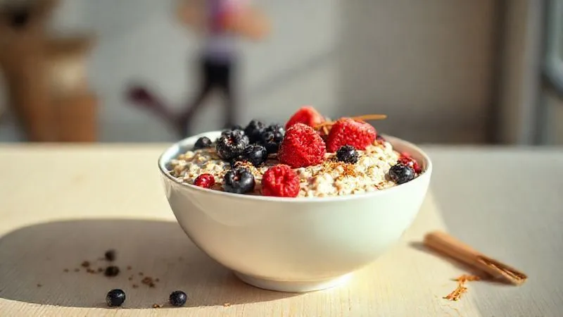 Photorealistic, professional photography of a perfectly crafted bowl of oatmeal, rich with vibrant fresh berries, chia seeds, and a light dusting of cinnamon, on a minimalist, light wooden surface. A subtle, almost ethereal glow emanates from the bowl, metaphorically representing metabolic boost and fat burning. Cinematic lighting highlights the texture and freshness of the ingredients, with a sharp focus on the oatmeal and a gentle depth of field blurring a healthy, active lifestyle background (e.g., a blurred figure exercising outdoors). 8K hyper-detailed, shot on a high-end DSLR.