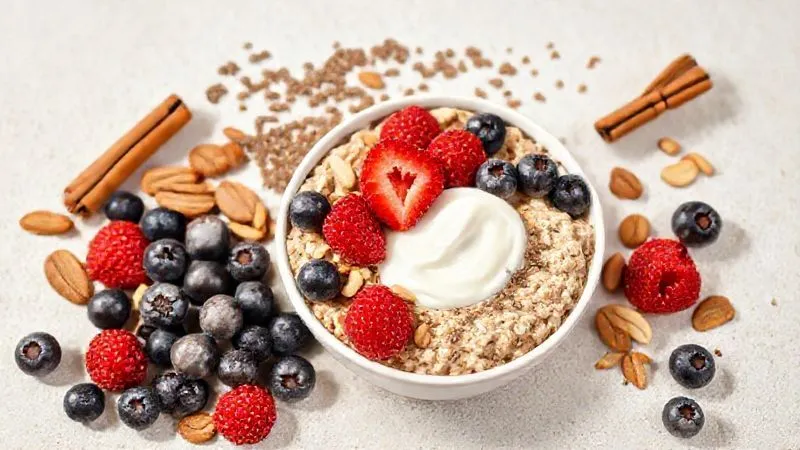A vibrant, flat lay photorealistic image showcasing an array of healthy oatmeal toppings: fresh berries (blueberries, raspberries), sliced almonds, chia seeds, flax seeds, a cinnamon stick, and a small bowl of Greek yogurt. The composition is artfully arranged on a light, textured background, with soft, natural light illuminating the scene. Sharp focus on the ingredients, depth of field subtly blurring the edges. 8K hyper-detailed, professional food photography.