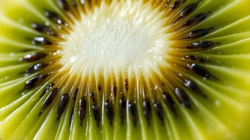 Close-up of perfectly sliced kiwi with vibrant green flesh and tiny black seeds, showcasing its natural beauty, freshness, and juiciness, with a subtle glow, professional photography, 8K, cinematic lighting, sharp focus, depth of field, shot on a high-end DSLR