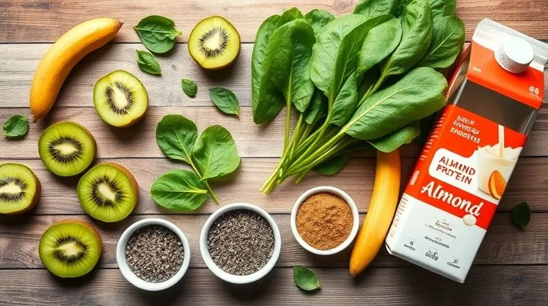 A visually appealing flat lay of various fresh smoothie ingredients: vibrant green kiwi slices, fresh spinach leaves, a small bowl of chia seeds, a scoop of protein powder, and a carton of unsweetened almond milk, all neatly arranged on a rustic wooden table with soft, natural lighting, professional photography, 8K, cinematic lighting, sharp focus, depth of field, shot on a high-end DSLR