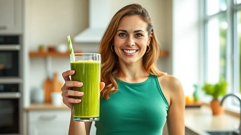 A confident woman in her early 30s, smiling genuinely while holding a vibrant green kiwi smoothie in a modern glass, standing in a bright, clean kitchen or a gym setting, looking healthy and energetic, professional photography, 8K, cinematic lighting, sharp focus on the woman and smoothie, depth of field, shot on a high-end DSLR