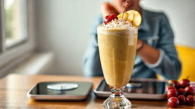 A vibrant, overly sweet-looking banana smoothie in a large glass, garnished with whipped cream, sprinkles, and a cherry, sitting on a table next to a confused person looking at a weight scale. The image should subtly convey the idea of hidden calories and misleading healthy appearances. Photorealistic, professional photography, 8K, cinematic lighting, sharp focus, depth of field, shot on a high-end DSLR.