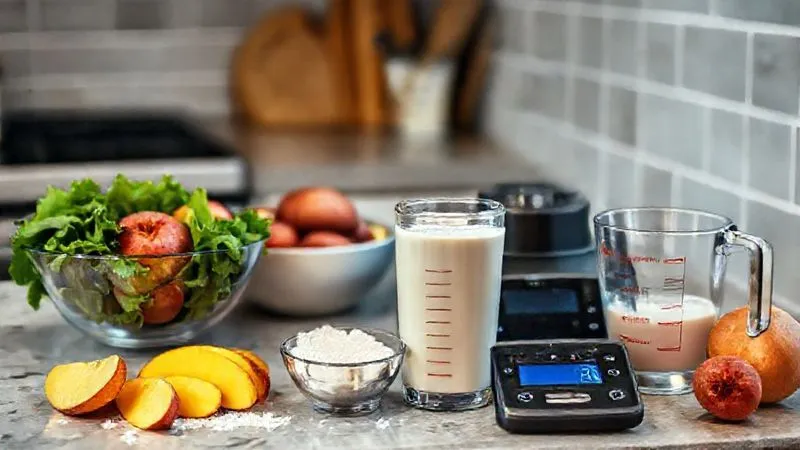 Photorealistic, professional photography, 8K, cinematic lighting, sharp focus, depth of field, shot on a high-end DSLR. A kitchen counter scene with a blender, a precise digital food scale, and various ingredients laid out for a smoothie: a bowl of spinach, a bowl of sliced peaches, a scoop of protein powder, and a measuring cup with unsweetened almond milk. The focus is on the scale and precise measurements, conveying control and optimization in cooking.