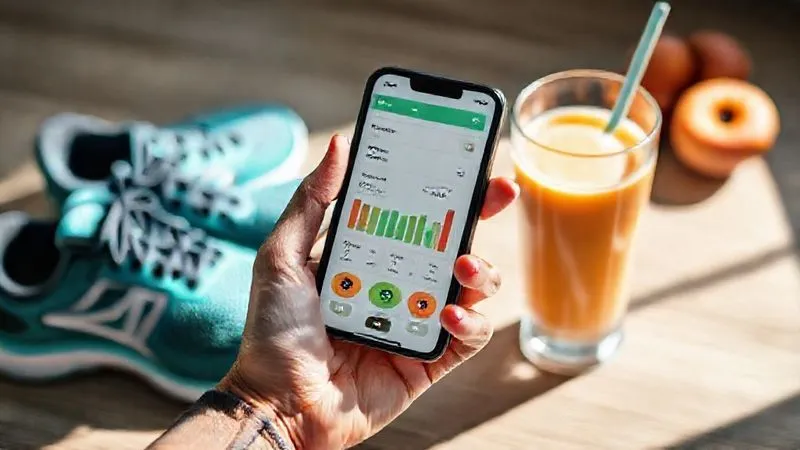Photorealistic, professional photography, 8K, cinematic lighting, sharp focus, depth of field, shot on a high-end DSLR. A person's hand holding a smartphone displaying a fitness tracking app with calorie and macronutrient charts, next to a glass of peach smoothie and a pair of running shoes, suggesting a holistic approach to weight loss. The scene is bright and motivating, with a subtle depth of field.