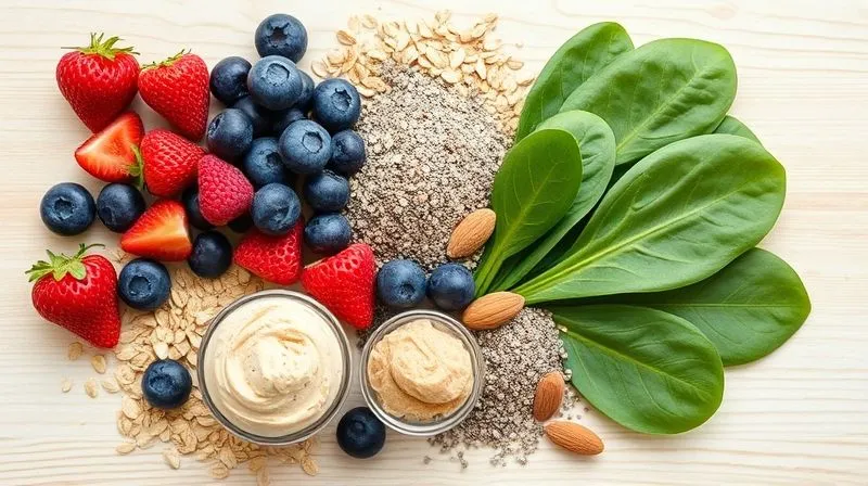 A beautifully arranged flat lay of various smoothie ingredients: rolled oats, fresh blueberries, raspberries, spinach leaves, chia seeds, almond butter, a scoop of protein powder, and a few whole almonds, all on a light wooden background. The composition is clean and inviting, with soft, natural lighting, sharp focus on the textures of each ingredient, and a shallow depth of field. 8K hyper-detailed, professional food photography, shot on a high-end DSLR.