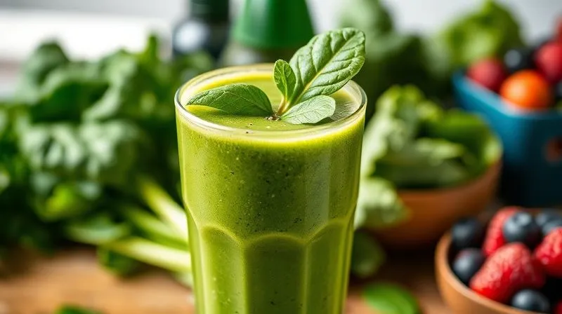 A vibrant, healthy green smoothie in a tall glass, garnished with a few fresh spinach leaves and a sprinkle of chia seeds. In the background, out of focus, are fresh spinach, kale, and a bowl of mixed berries, suggesting the ingredients. The lighting is bright and natural, emphasizing the freshness and healthiness of the drink. Photorealistic, professional food photography, 8K, cinematic lighting, sharp focus on the smoothie, depth of field blurring the background, shot on a high-end DSLR.