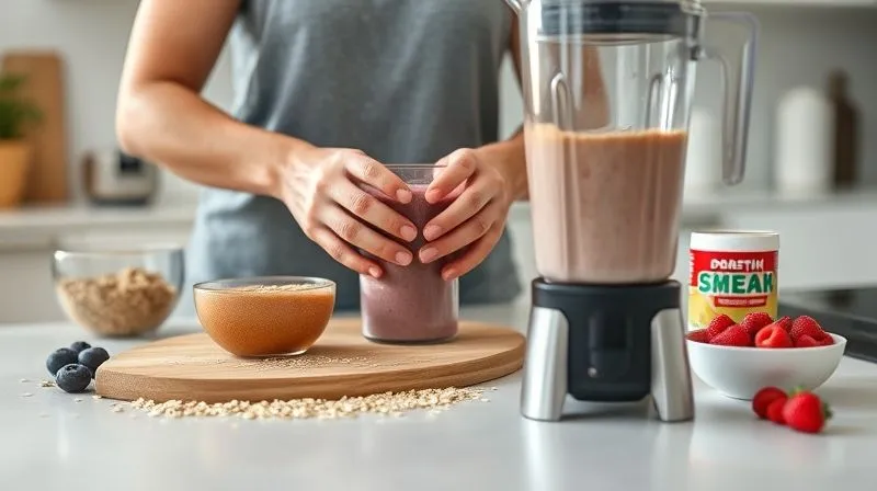 A person's hands are expertly preparing a healthy oat smoothie in a modern kitchen. Fresh ingredients like oats, berries, and a container of protein powder are neatly laid out on a clean countertop. The blender is in the foreground, ready for action. The scene is well-lit with natural light, emphasizing a sense of order, health, and mindful preparation. Photorealistic, professional photography, 8K, cinematic lighting, sharp focus on the hands and ingredients, depth of field blurring the background, shot on a high-end DSLR.