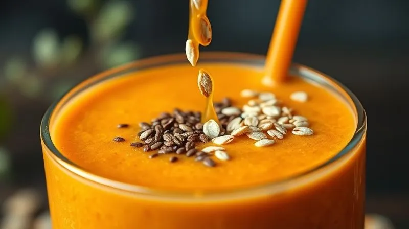 A close-up, photorealistic shot of various fiber-rich ingredients like chia seeds, flax seeds, and rolled oats cascading into a vibrant orange smoothie. Cinematic lighting, sharp focus, 8K, high-end DSLR, depth of field.