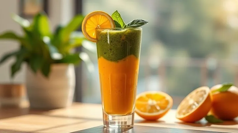 A photorealistic shot of a beautifully layered orange and green smoothie in a tall glass, showcasing distinct ingredients like spinach and orange. Sunlight streaming through a window, professional photography, 8K, sharp focus, depth of field, high-end DSLR.