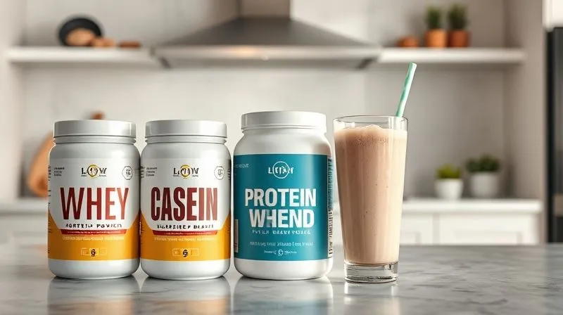 A photorealistic image showing three distinct types of protein powders (whey, casein, plant-based blend) in elegant, labeled containers, arranged on a kitchen counter with a perfectly mixed protein shake in a glass beside them. The background is a clean, modern kitchen setting with soft, natural light emphasizing the textures and colors. Sharp focus on the protein powders, with a shallow depth of field. 8K hyper-detailed, professional photography, shot on a high-end DSLR.