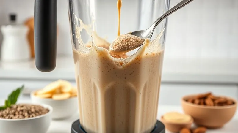 A close-up, photorealistic shot of a protein shake being prepared, with various healthy supplements like creatine powder, chia seeds, and a spoonful of almond butter being added to a blender. The ingredients are in sharp focus, with a dynamic splash effect of the liquid, set against a clean kitchen backdrop. Cinematic lighting highlights the texture and motion. 8K hyper-detailed, professional photography, shot on a high-end DSLR.