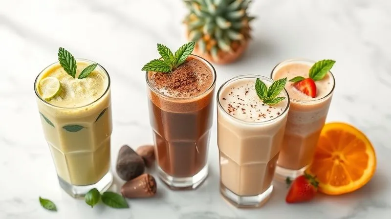 A vibrant, photorealistic flat lay of three distinct, colorful protein shakes in elegant glasses, each with unique garnishes representing their ingredients (e.g., green leaves for 'Green Power', cocoa powder for 'Chocolate Treat', tropical fruit for 'Tropical Refreshment'). The setting is a clean, minimalist table with soft, natural light, emphasizing freshness and health. Sharp focus on the drinks, with a shallow depth of field. 8K hyper-detailed, professional photography, shot on a high-end DSLR.