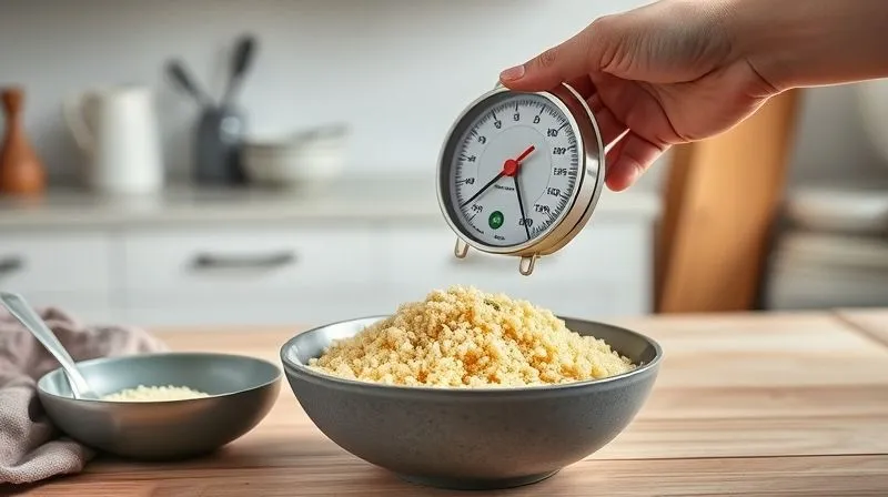 photorealistic, professional photography, 8K, cinematic lighting, sharp focus, depth of field, shot on a high-end DSLR, a hand carefully measuring couscous with a kitchen scale, a portioned bowl next to it, against a clean, minimalist kitchen background.